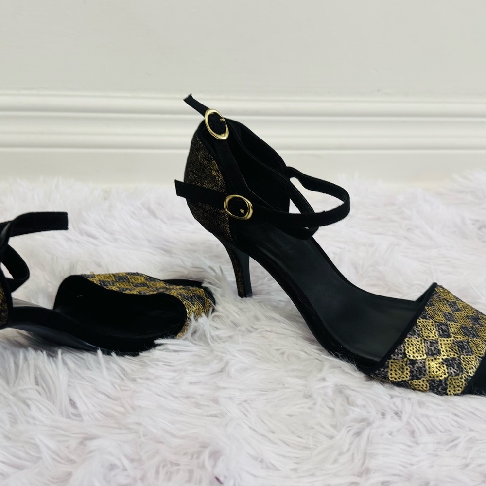 Andree Black and Gold Mules with Stiletto Heel